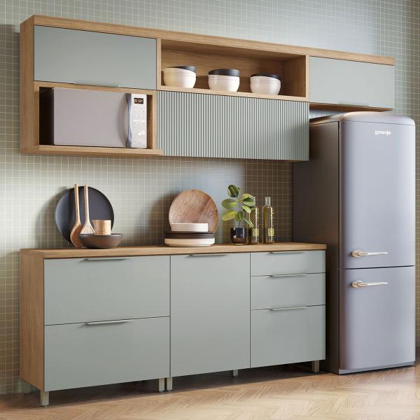 Imagem de Cozinha Compacta Marquesa 5 Portas 4 Gavetas Ripado 100% Mdf Nature/Verde - Nesher