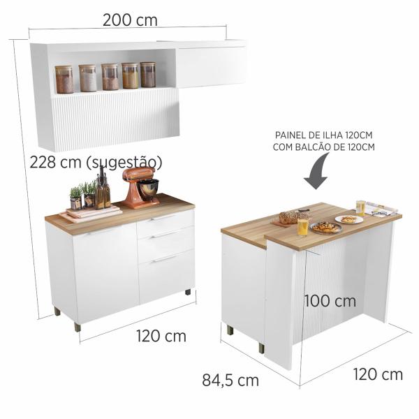 Imagem de Cozinha Compacta Marquesa Gourmet com Ilha 4 Portas 6 Gavetas Ripado 100% Mdf Branco - Nesher