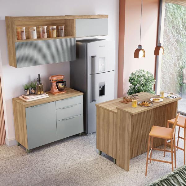 Imagem de Cozinha Compacta Marquesa Gourmet com Ilha 4 Portas 6 Gavetas Ripado 100% Mdf Nature/Verde - Nesher