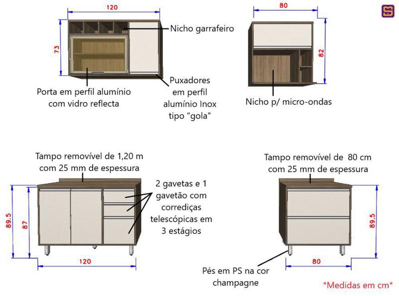 Imagem de Cozinha Compacta Mel Vanilla e Pérola Off c/ Vidro Reflecta - Armário Linha Self Luciane M01