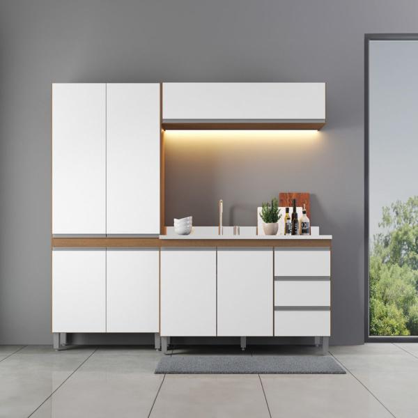 Imagem de Cozinha Compacta Modulada com Armário Paneleiro Sabrina 200x202 Cm 3 Peças MDP Branco MENU