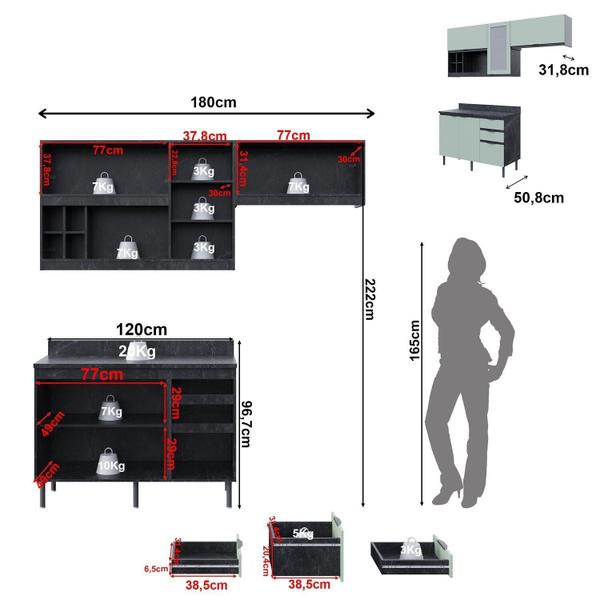 Imagem de Cozinha Compacta Orquídea 180cm 3 Peças, 5 Portas e 3 Gavetas com Divisor de Talheres e Tampo Cz1202