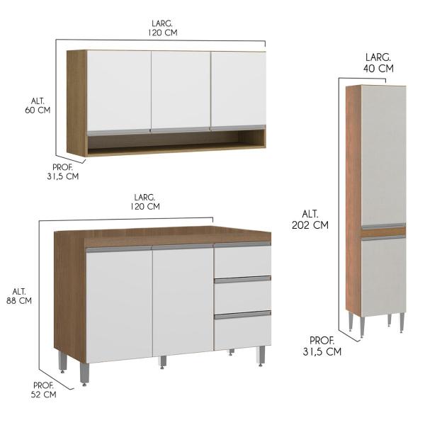 Imagem de Cozinha Compacta Planejada Sabrina com Balcão Pia 160x202 Cm 3 Peças MDP Branco MENU