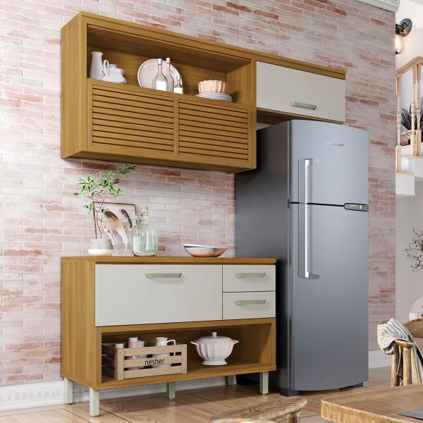 Imagem de Cozinha Compacta Princesa 3 Portas 2 Gavetas Ripado 100% Mdf Freijó/Off White - Nesher