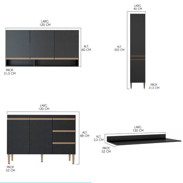 Imagem de Cozinha Compacta Sabrina 160x202Cm 4 Peças MDP Preto MENU