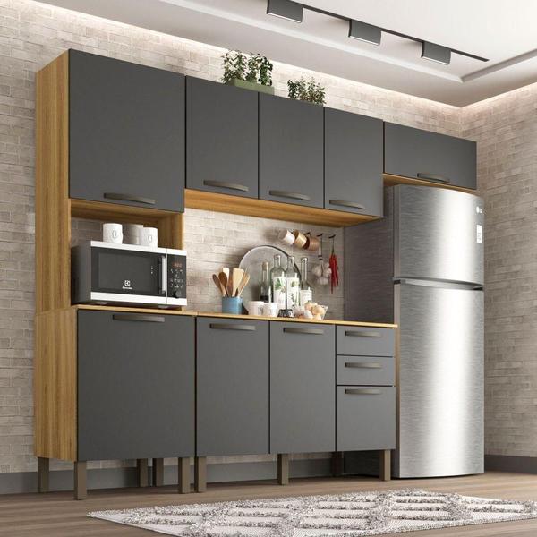 Cozinha Compacta Valencia 4 Peças 9 Portas 2 Gavetas Salleto Moveis Carvalho Com Grafite - SALLÊTO MÓVEIS Imagem de Cozinha Compacta Valencia 4 Peças 9 Portas 2 Gavetas Salleto Moveis Carvalho Com Grafite