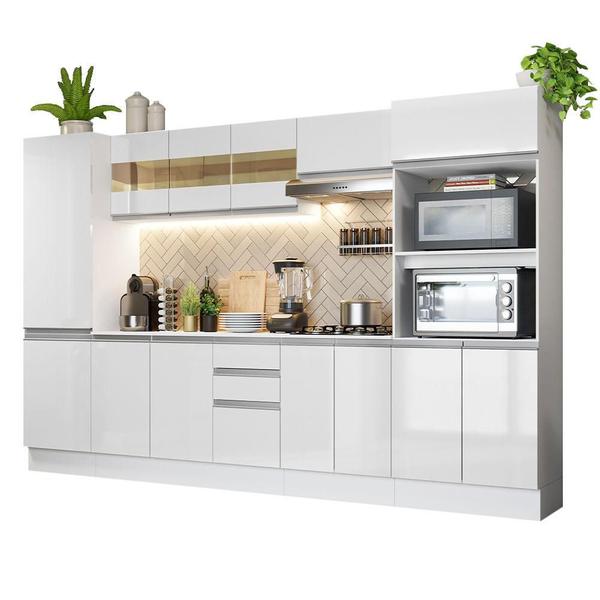 Imagem de Cozinha Completa 100% MDF Madesa Smart 300 cm Com Armário, Balcão e Tampo - Frentes Branco Brilho