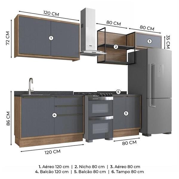 Imagem de Cozinha Completa 100% MDF Modulada com Nicho Édez Uno, 6 Peças, Grafite e Louro Freijó