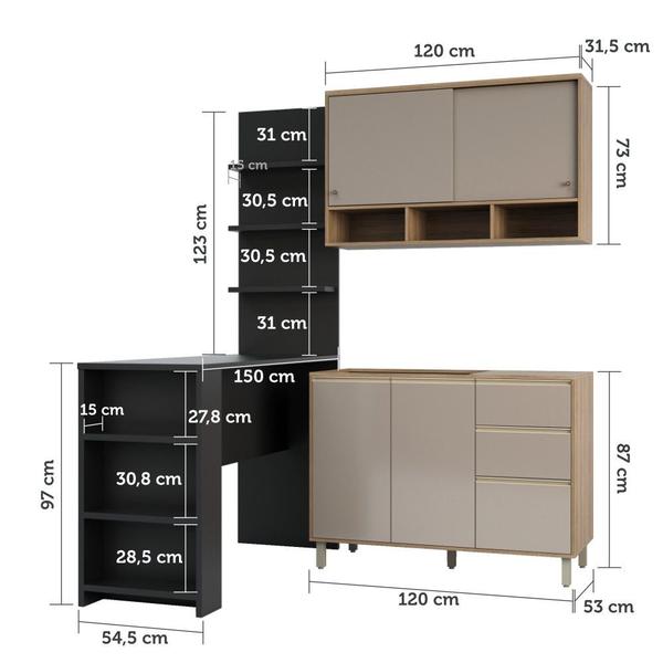 Imagem de Cozinha Completa 4 Peças com Bancada Mesa Gourmet Armário Aéreo e Balcão de Pia Mel Luciane Móveis