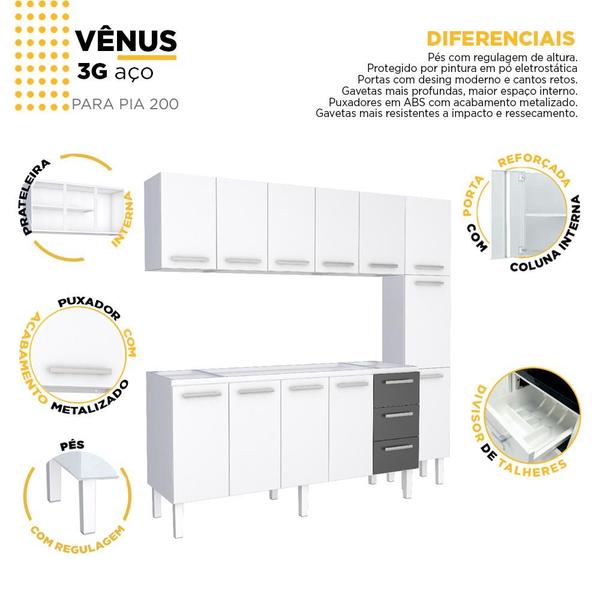 Imagem de Cozinha Completa de Aço Gabinete Para Pia 200cm com Aéreo e Paneleiro Vênus Cozimax Branco/Preto