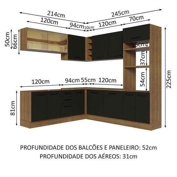 Imagem de Cozinha Completa de Canto Madesa Agata 459001 com Armário e Balcão (Sem Tampo e Pia) - Rustic/Preto