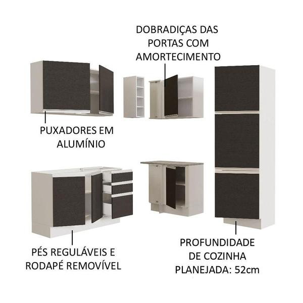 Imagem de Cozinha Completa de Canto Madesa Glamy 329001 com Armário e Balcão (Sem Tampo e Pia) - Branco/Preto