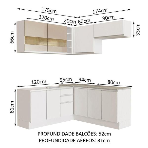 Imagem de Cozinha Completa de Canto Madesa Glamy 349001 com Armário e Balcão (Sem Tampo) - Branco/Branco/Crema