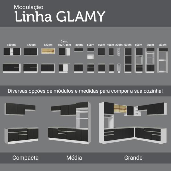 Imagem de Cozinha Completa de Canto Madesa Glamy 349002 com Armário e Balcão (Sem Tampo e Pia) - Branco/Preto