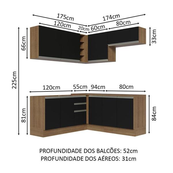 Imagem de Cozinha Completa de Canto Madesa Glamy 349003 com Armário e Balcão (Sem Tampo e Pia) - Rustic/Preto