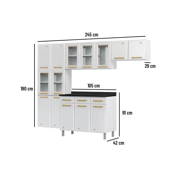 Imagem de Cozinha Completa Diamante 4 Peças 5 Portas de Vidro (2 Armários + 1 Balcão + 1 Paneleiro) Branco - Telasul