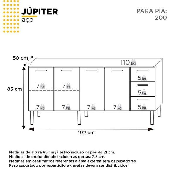 Imagem de Cozinha Completa Gabinete Para Pia 200cm e Armário Aéreo Jupter Cozimax Branco