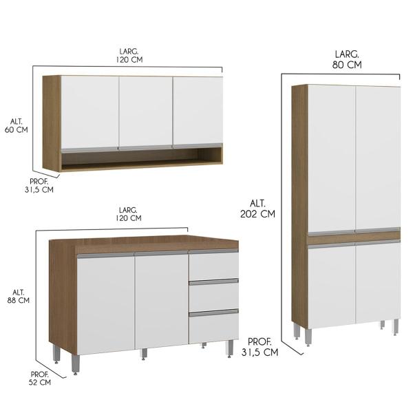 Imagem de Cozinha Completa Grande Modulada Sabrina 200 Cm 3 Peças MDP Branco MENU