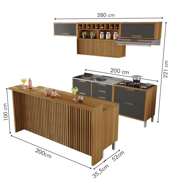 Imagem de Cozinha Completa Imperatriz 7 Portas 10 Gavetas com Ilha Gourmet Ripado 100% Mdf Freijó/Grafite - Nesher