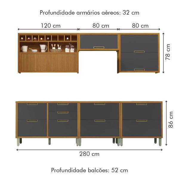 Imagem de Cozinha Completa Imperatriz 7 Portas 6 Gavetas Ripado 100% Mdf Freijó/Grafite - Nesher