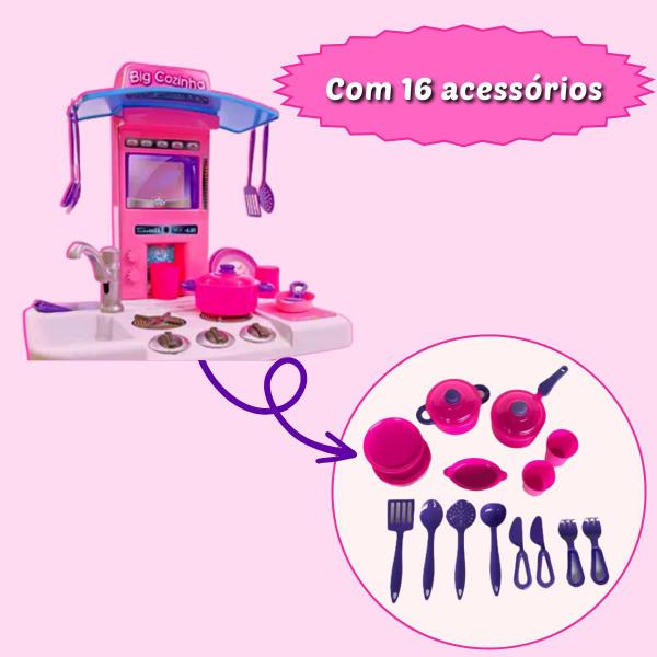 Imagem de Cozinha Completa Infantil Brinquedo Com Acessórios Torneira Sai Água De Verdade Big Cozinha Rosa