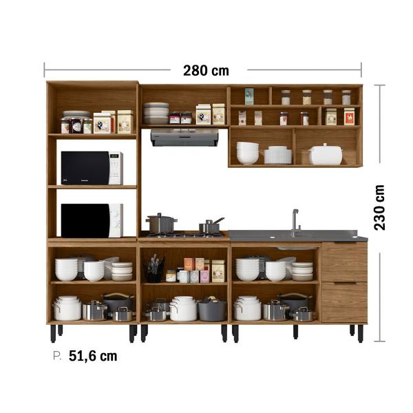 Imagem de Cozinha Completa Laura 9 Portas 3 Gavetas com Vidro 100% Mdf Freijo - Mx Móveis