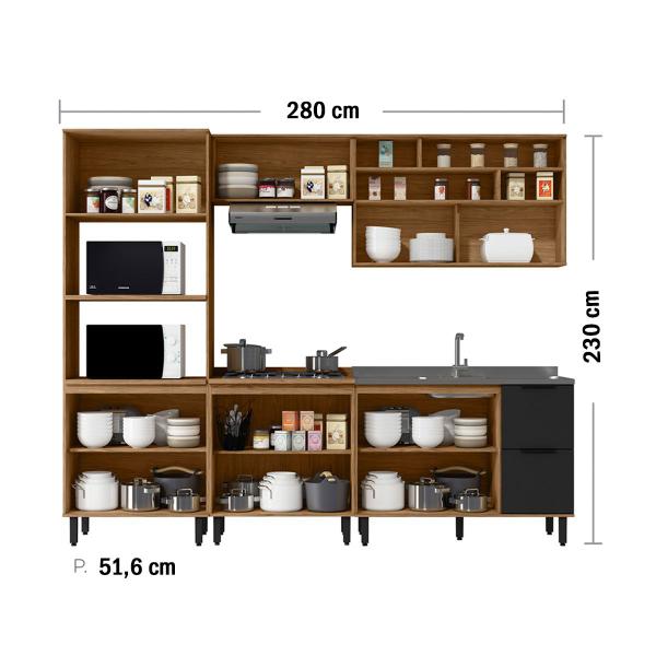 Imagem de Cozinha Completa Laura 9 Portas 3 Gavetas com Vidro 100% Mdf Freijo/Nero - Mx Móveis