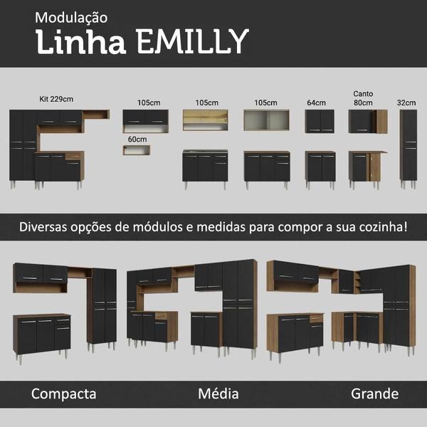 Imagem de Cozinha Completa Madesa Emilly Sky com Armário Vidro Reflex e Balcão - Rustic/Preto