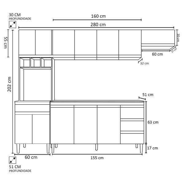 Imagem de Cozinha Completa Modulada 4 Peças Andréia 280 cm Cinza Fosco AJL Móveis