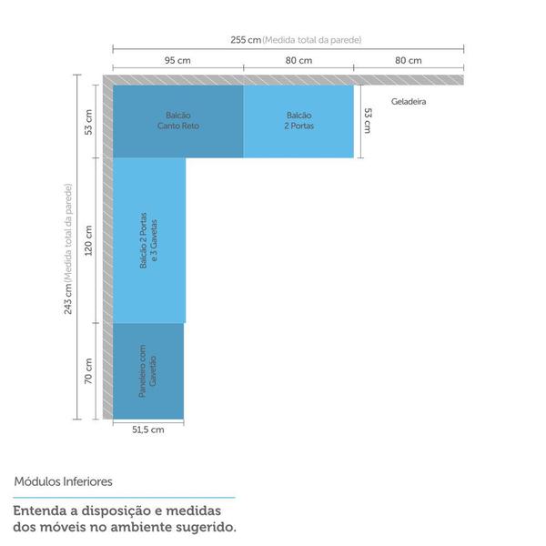 Imagem de Cozinha Completa Modulada 9 Peças, Paneleiro, Vidro Reflecta Armários e Balcões Linea Luciane Móveis