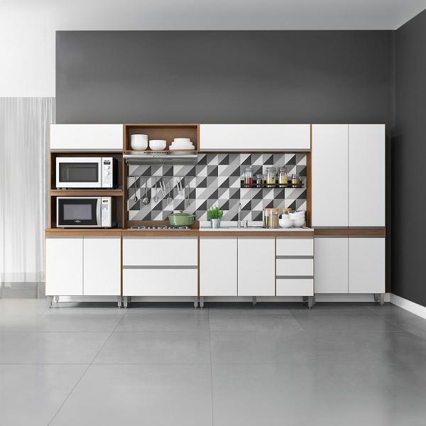 Imagem de Cozinha Completa Modulada com Armário Paneleiro Sabrina 360x202 Cm 6 Peças MDP Branco MENU