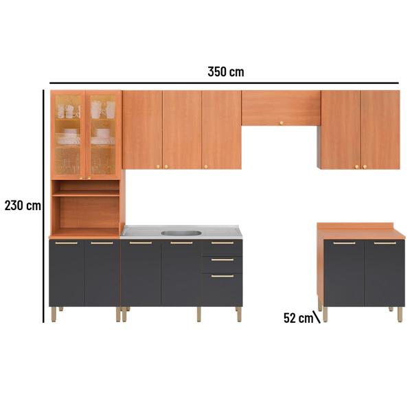 Imagem de Cozinha Completa Sálvia 14 Portas 3 Gavetas com Vidro Freijó/Grafite 908434 - Telasul