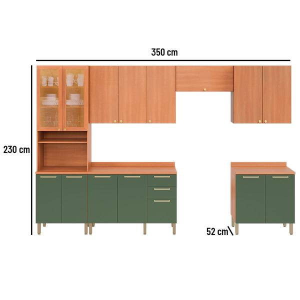 Imagem de Cozinha Completa Sálvia 14 Portas 3 Gavetas com Vidro Freijó/Verde - Telasul