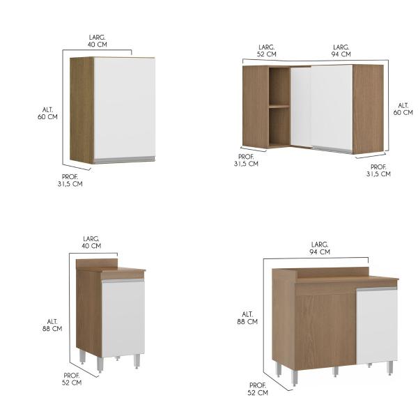 Imagem de Cozinha de Canto Modulada com Armário Aéreo Balcão Sabrina 252/294x202 Cm 10 Peças MDP Branco MENU