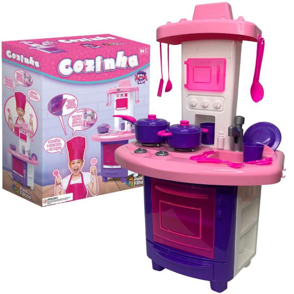 Imagem de Cozinha Infantil Brinquedo Pia Sai Água de Verdade Botão do Fogão faz Barulho de Acender Utensilios Panelas Completa Menina Presente Criança