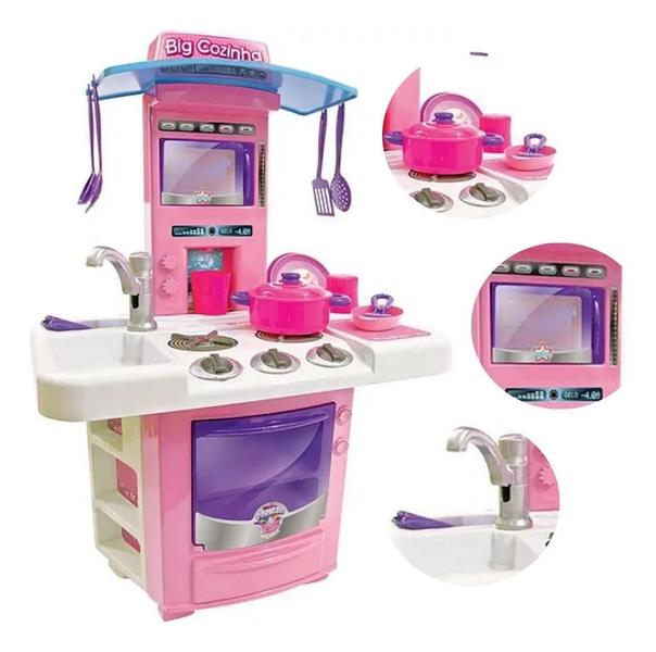 Imagem de Cozinha Infantil Completa Com Pia Fogão Forno Sai Água Cor Rosa