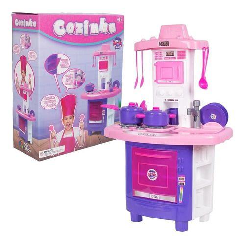 Imagem de Cozinha Infantil Menina Completa Pia Fogão Forno Sai Água Cor Rosa