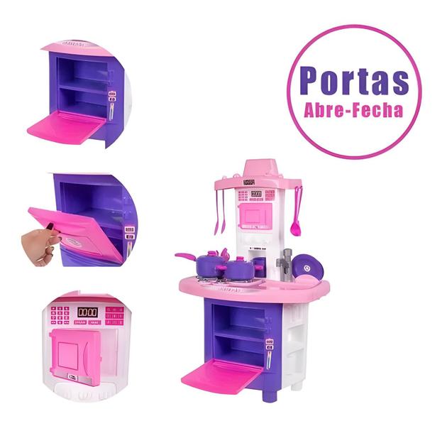 Imagem de Cozinha Infantil Menina Completa Pia Fogão Forno Sai Água Cor Rosa Pais & Filhos