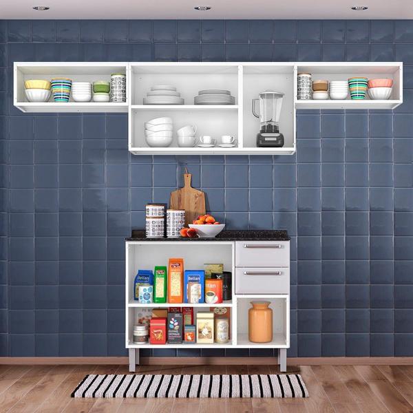 Cozinha Itatiaia Luce com Armários Aéreos e Balcão 2 Gavetas 8 Portas 3 Vidros Branco / Preto Imagem de Cozinha Itatiaia Luce com Armários Aéreos e Balcão 2 Gavetas 8 Portas 3 Vidros Branco / Preto
