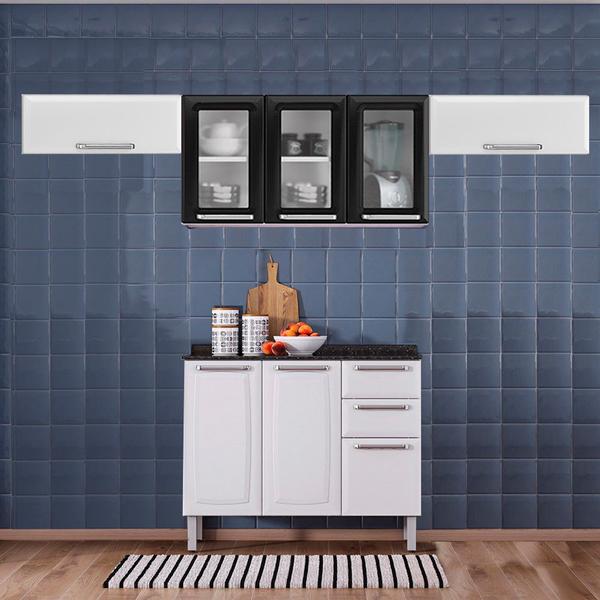 Cozinha Itatiaia Luce com Armários Aéreos e Balcão 2 Gavetas 8 Portas 3 Vidros Branco / Preto Imagem de Cozinha Itatiaia Luce com Armários Aéreos e Balcão 2 Gavetas 8 Portas 3 Vidros Branco / Preto