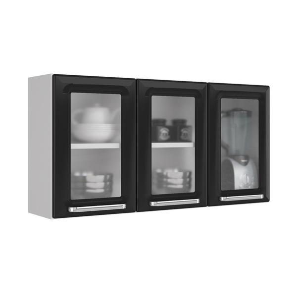 Cozinha Itatiaia Luce com Armários Aéreos e Balcão 2 Gavetas 8 Portas 3 Vidros Branco / Preto Imagem de Cozinha Itatiaia Luce com Armários Aéreos e Balcão 2 Gavetas 8 Portas 3 Vidros Branco / Preto