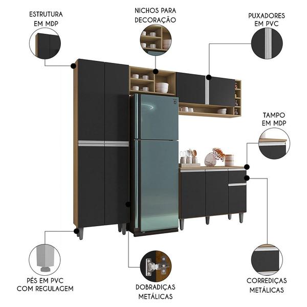 Imagem de Cozinha Modulada 230cm 4 Peças Balcão e Aéreo Vanessa Amêndoa/Preto - AJL Móveis