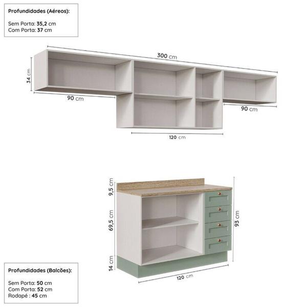 Imagem de Cozinha Modulada 4 Peças 3 Aéreos 1 Balcão Arizona Cabecasa Madeiramadeira Branco/Menta