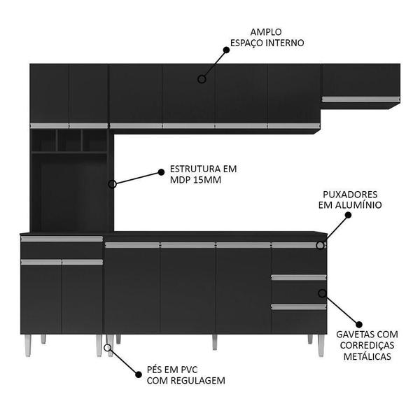 Imagem de Cozinha Modulada 4 Peças Balcão Com Tampo 160cm Andréia Preto - Ajl Móveis