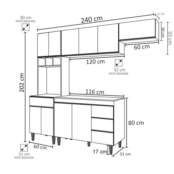 Imagem de Cozinha Modulada 4 Peças Balcão sem Tampo 120cm Andréia Branco - AJL Móveis