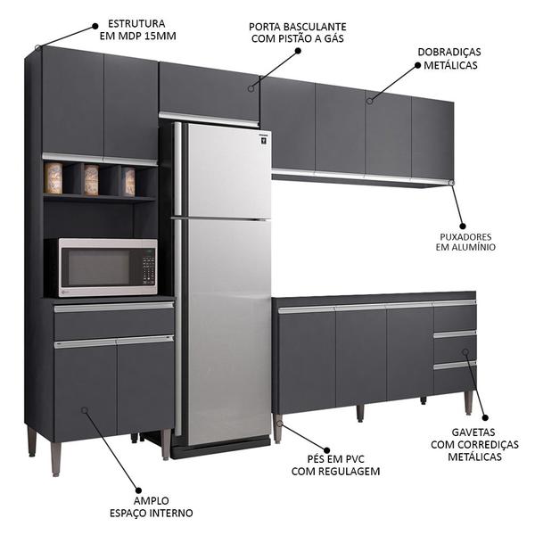 Imagem de Cozinha Modulada 4 Peças Balcão sem Tampo 160cm Andréia Cinza - AJL Móveis