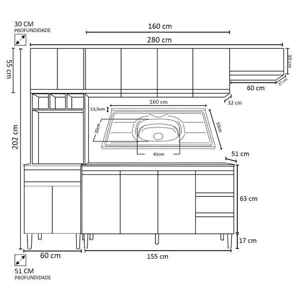 Imagem de Cozinha Modulada 5 Peças Balcão Com Pia 160cm Andréia Cinza - Ajl Móveis