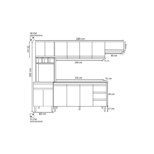 Imagem de Cozinha Modulada 5 Peças com Tampo 280cm 12 Portas 4 Gavetas Natalie Cinza - ÉdeCasaMóveis