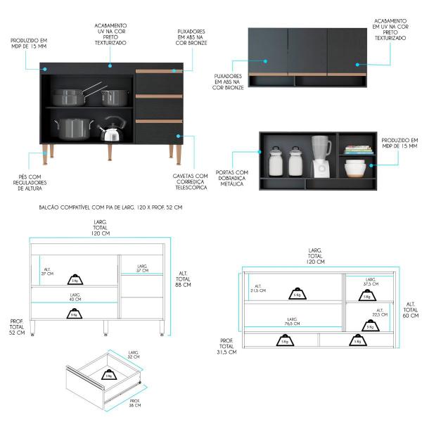 Imagem de Cozinha Modulada com Balcão Pia Torre Quente Sabrina 240x202cm 4 Peças Preto MENU