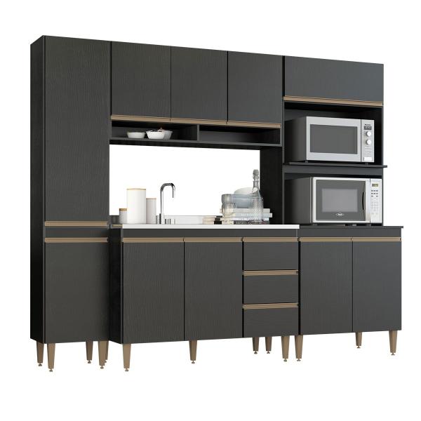 Imagem de Cozinha Modulada Compacta com Torre Quente Balcão Pia Sabrina 240x202cm 4 Peças Preto MENU